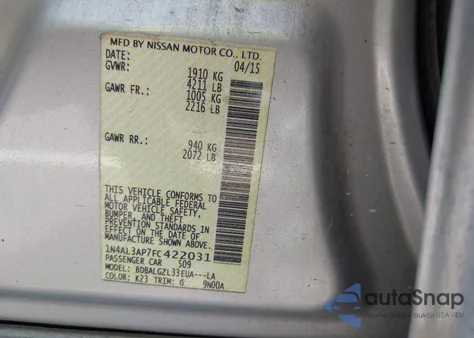 2015 Nissan Altima 2.5 S z USA, uszkodzony, nr VIN 1N4AL3AP7FC422031